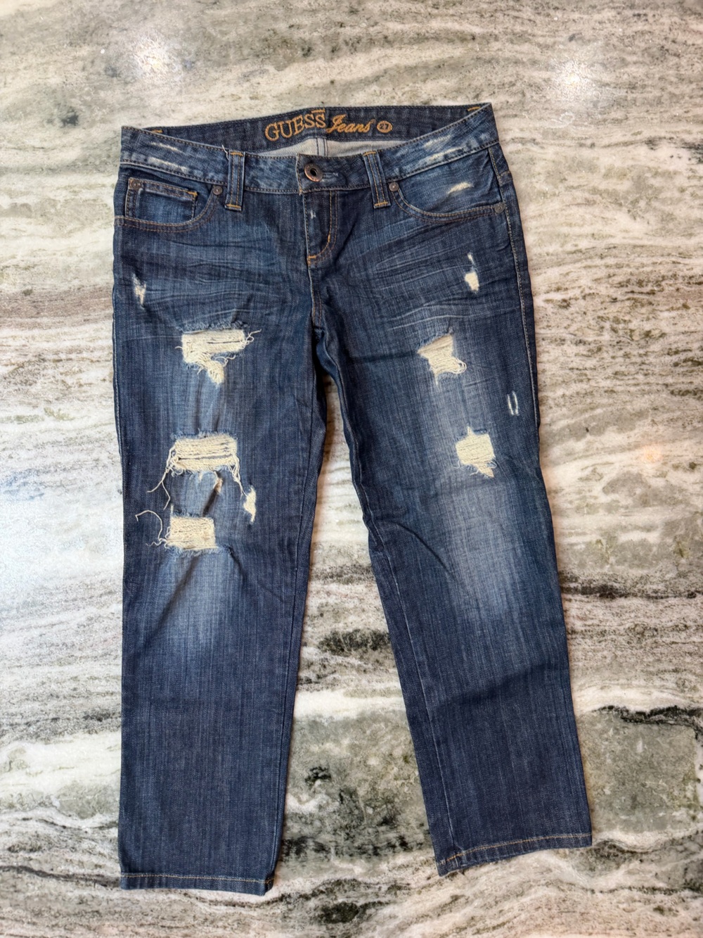 Vintage Y2K GUESS Low Rise Cropped Distressed Dark Blue Jeans